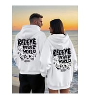 Believe In Your World Yazılı Sevgili Kombini Hoodie – Unisex Oversize Siyah Sweatshirt 2'li Set (Beyaz)