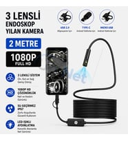 Uninet Türkiyede Ilk 2 Metre 3 Kameralı Android ve Bilgisayar Uyumlu Endoskop Yılan Kamera 1080P Full Hd
