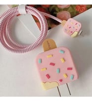 iPhone 18W/20W ile uyumlu Pembe Dondurma Şarj Başlığı 3D Şarj Başlığı ve Kablo Koruyucu Set