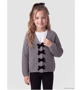 LCW Kids Gri Fiyonk Detaylı V Yaka Kız Çocuk Triko Hırka