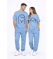 Sevgili Kombini Çift Tişört Oversize Unisex Matching Couple Minimal Çizim Tasarım Çift Kombin Seti (Mavi)