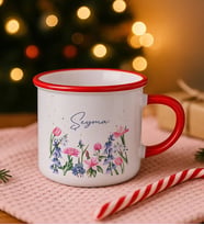BK Gift Kişiye Özel Çiçek Tasarımlı Kırmızı Emaye Kupa Bardak -2, Arkadaşa Hediye, Sevgiliye Hediye