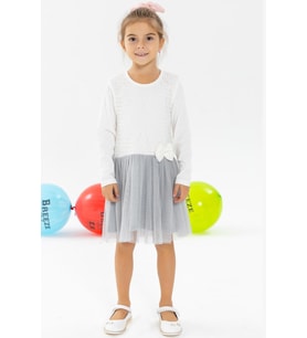 Breeze Kız Çocuk Uzun Kollu Elbise Güpürlü Fiyonklu 2-6 Yaş, Ekru