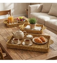 Roichil® İç İçe Geçebilen 3’lü Dikdörtgen Plastik Rattan Tepsi Seti–Hasır Görünümlü Çok Amaçlı Servis ve Sunum Tepsileri