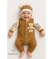 BABYDEN'S Teddy Bear Temalı Yenidoğan Fitilli Tulum Takımı Ayıcıklı Erkek Bebek Tulum Şapka Set %100Pamuk (Kahverengi)