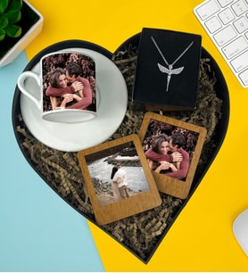 Kişiye Özel Premium Kalp Kutu Lüx Türk Kahve Fincanı İkili Ahşap Kahve Masaüstü Fotoğraf Çerçeve Gümüş Kaplama Melek Kolye