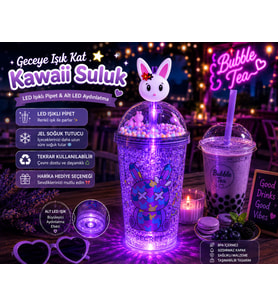 Çift Katmanlı İçecek Bardağı LED Işıklı Pipetli Kawaii Chibi Sevimli Tavşan Figürlü Suluk 450 ML Mor