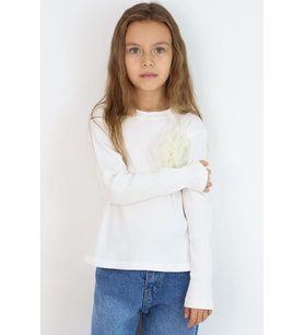 Breeze Kız Çocuk Uzun Kollu Bluz Çiçek Aksesuarlı 8-14 Yaş, Ekru