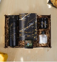 Mermer Desenli Premium Hediye Seti & Defter, Cam Suluk, Kokulu Mum, Tükenmez Kalem, Kişiye Özel Fotoğraf Çerçevesi, Kolonya