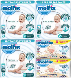 Molfix Premium Bebek Bezi Beden:3 (4-9KG) Midi 282 Adet Ultra Fırsat Pk + 6 Adet Islak Mendil