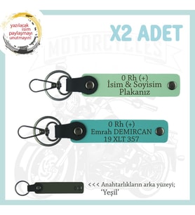 Biker Stiline Özel, İsim Plaka ve 0 Rh (+) Kan Grubu Yazılı x2 Deri Anahtarlık , Yeşil-K Turkuaz-Ysl (Çok Renkli)
