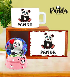Kişiye Özel Panda Ahşap Kutulu Kupa & Sevimli Panda Işıklı Kar Küresi