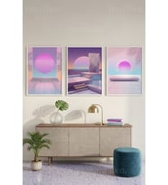 Fütüristik Pastel Soyut Geometrik 3’lü Ahşap Çerçeveli Tablo Seti