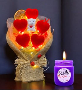 Led Işıklı Kırmızı Kalp Buketi ve Kokulu Mum Hediye Seti  Sevgiliye Arkadaşa Hediye (Mor)