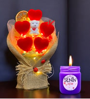 Led Işıklı Kırmızı Kalp Buketi ve Kokulu Mum Hediye Seti  Sevgiliye Arkadaşa Hediye (Mor)