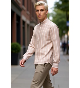 Erkek Slim Fit Düğmeli Yaka Çizgili Uzun Kollu Dokuma Gömlek İş Ve Sosyal Ortamlar Estetik