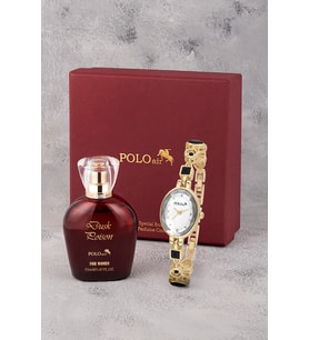 Polo Air Oval Kasa Siyah Taş Detaylı Kadın Kol Saati Ve 55 ml Parfüm Bordo Kutsunda Set Gold Renk ST-2193S1
