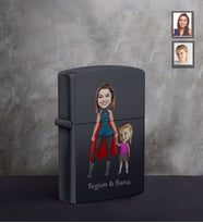 Kişiye Özel Anneler Günü Anne Kız Karikatürlü UV Baskılı Siyah Benzinli Cakmak Model-5