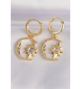 Pirinç Gold Renk Zirkon Taşlı Yıldızlı Ay Tasarım Küpe 5886