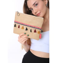 Baghashtag Vintage Pon Pon Püsküllü Jüt Clutch Bez Çanta (Kahverengi)