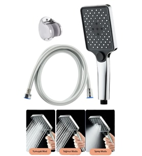 3 Fonksiyonlu Kare Duş Seti 150 Cm Pvc Hortum Krom Mafsal