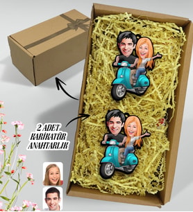 BK Gift Hediye Kutulu Kişiye Özel Sevgililer Karikatürlü Ahşap 2'li Ahşap Anahtarlık-99