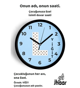 İsme Özel L Harfi Çocuk Odası Duvar Saati Orta Boy 30 cm Siyah Camlı Sessiz