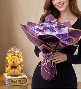 Size Özel Led Işıklı Fanus ve Renkli Led Işıklı Kelebek Buketi (Model 5)