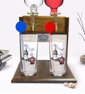 BK Gift Kişiye Özel Renkli Baskılı İstanbul Tasarımlı İkili Vodka Bardağı ve Çift Musluklu Doğal Ahşap Vodka Standı-1 (Model 1)