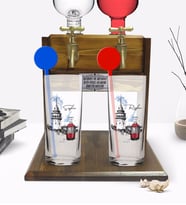 BK Gift Kişiye Özel Renkli Baskılı İstanbul Tasarımlı İkili Vodka Bardağı ve Çift Musluklu Doğal Ahşap Vodka Standı-1 (Model 1)