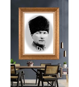 Altın Varaklı Çerçeveli Paspartulu Atatürk Tablo nh367 (Gold)