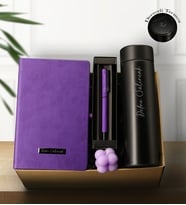 Kişiye Özel Mor Defter & Kişiye Özel Beyaz Kalem & Dereceli Termos & Burbble Mum Hediye Seti