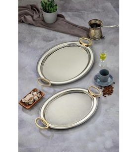 Cooker CKR3907 Gold Kulplu Gümüş Oval Tepsi 2'li (Altın-Gümüş)
