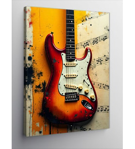 Kanvas Tablo Kırmızı Elektro Gitar Ve Müzik Notaları