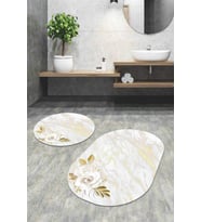 Krem Çiçek Desen Banyo Halısı Klozet Oval Paspas Seti BS061