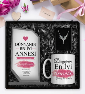 Anneler Gününe Özel Kişiye Özel Kristal Cam Plaket & Tasarım Kupa & Mikail Melek Kolye Hediye Seti