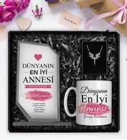Anneler Gününe Özel Kişiye Özel Kristal Cam Plaket & Tasarım Kupa & Mikail Melek Kolye Hediye Seti