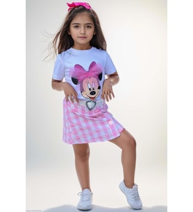 Kız Çocuk Minnie Baskı ve Üzeri Tül Fiyonk Detaylı Tişört Ekose Desen Etekli Tak (Beyaz)
