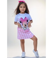Kız Çocuk Minnie Baskı ve Üzeri Tül Fiyonk Detaylı Tişört Ekose Desen Etekli Tak (Beyaz)