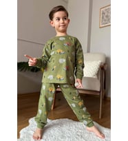 Erkek Çocuk Üzerinde Fil ve Papağan Digital Baskılı Yeşil Pijama Takımı