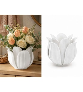 3D Baskı Lotus Yapraklı Vazo - Dekoratif Çiçeklik-Beyaz