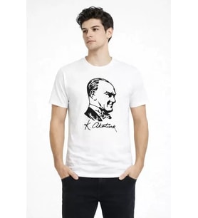 Erkek Atatürk Baskılı Tişört Kısa Kollu Bisiklet Yaka T-Shirt - Beyaz