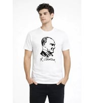 Erkek Atatürk Baskılı Tişört Kısa Kollu Bisiklet Yaka T-Shirt - Beyaz