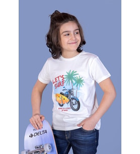 Toontoy Erkek Çocuk Motorsiklet Baskılı Tişört (Ekru)