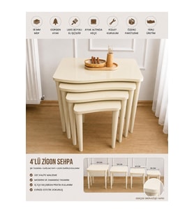 4 Lü Üst Kalite 1.Sınıf MDF Lake Boyalı Krem Zigon Sehpa
