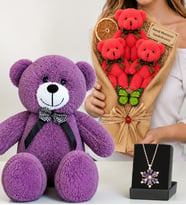 Kişiye Özel Fuşya Ayıcık Buketi, Gerçek Ametist Taşlı Lotus Kolye ve 50 cm Mor Peluş Ayıcık Hediye Seti
