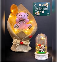 Led Işıklı Pembe Ayıcık Buketi ve Led Işıklı Sevimli Pandalı Fanus  Hediye Seti