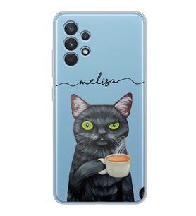 Samsung Kahve İçen Kedi Tasarımlı Şeffaf Telefon Kılıfı