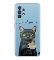 Samsung Kahve İçen Kedi Tasarımlı Şeffaf Telefon Kılıfı