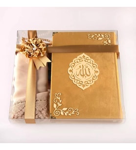 Şal + Tesbih + Kuran Hediye Seti (Hafız Boy, Kadife, Şems Lafzatullah, Gold)